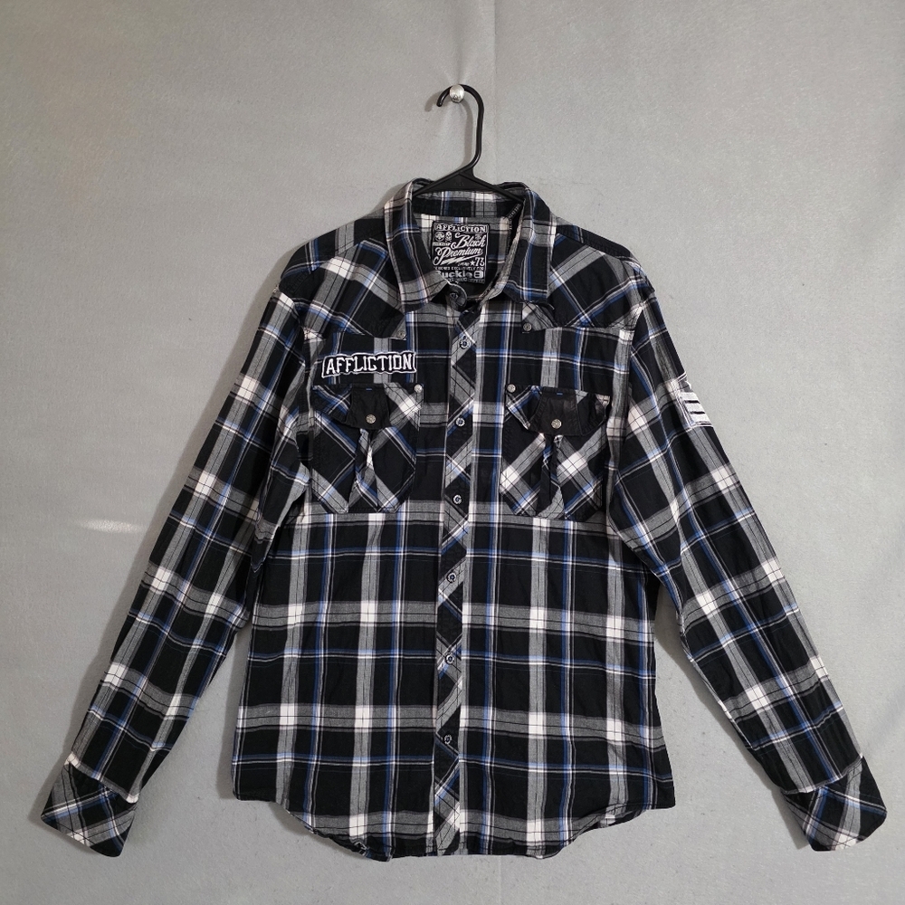 Affliction Black Premium Denim Plaid Button Up Shirt Size XL